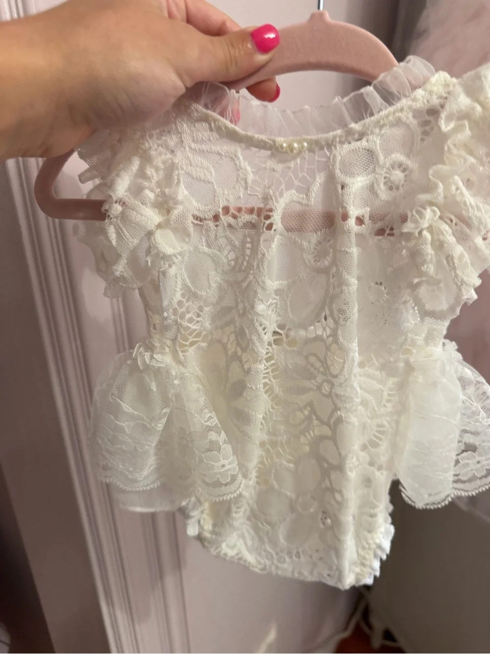 Custom Newborn Ivory Lace Photo Shoot Romper Rhinestone Bowp